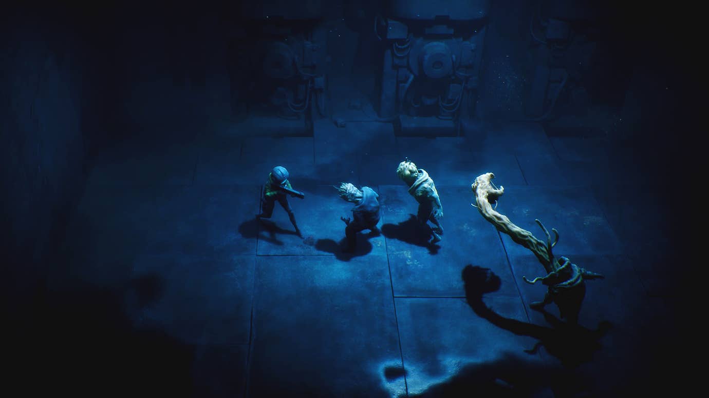 A bunch of horrible mutant bipeds attacking a lone woman wielding a shotgun in End Of Abyss